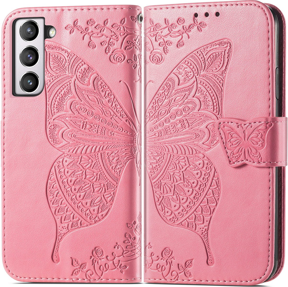 Bookcase geschikt voor Samsung Galaxy S21 FE - Roze - Vlinder - Portemonnee Hoesje