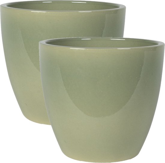 2x stuks plantenpot/bloempot in een strakke Scandinavische look mosgroen Dia 20 cm en Hoogte 19 cm glanzend