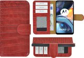 Motorola Moto G22 Hoesje - Bookcase - Moto G22 Hoesje Book Case Wallet Echt Leer Croco Rood Cover