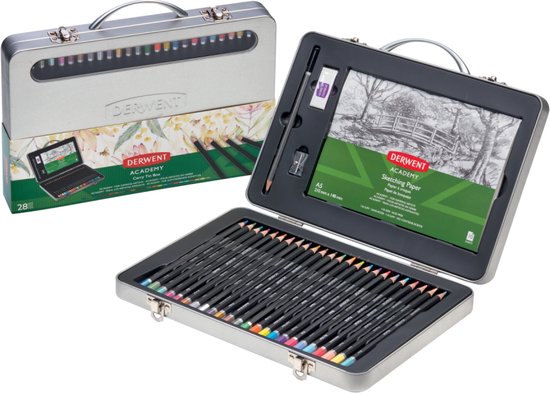 Coffret Dessin Derwent Academy - 30 Crayons (Couleurs, Aquarelle, Graphite) + Accessoires - Bois