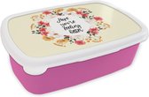 Broodtrommel Roze - Lunchbox - Brooddoos - Beterschap - Spreuken - Bloemen - Hope - 18x12x6 cm - Kinderen - Meisje