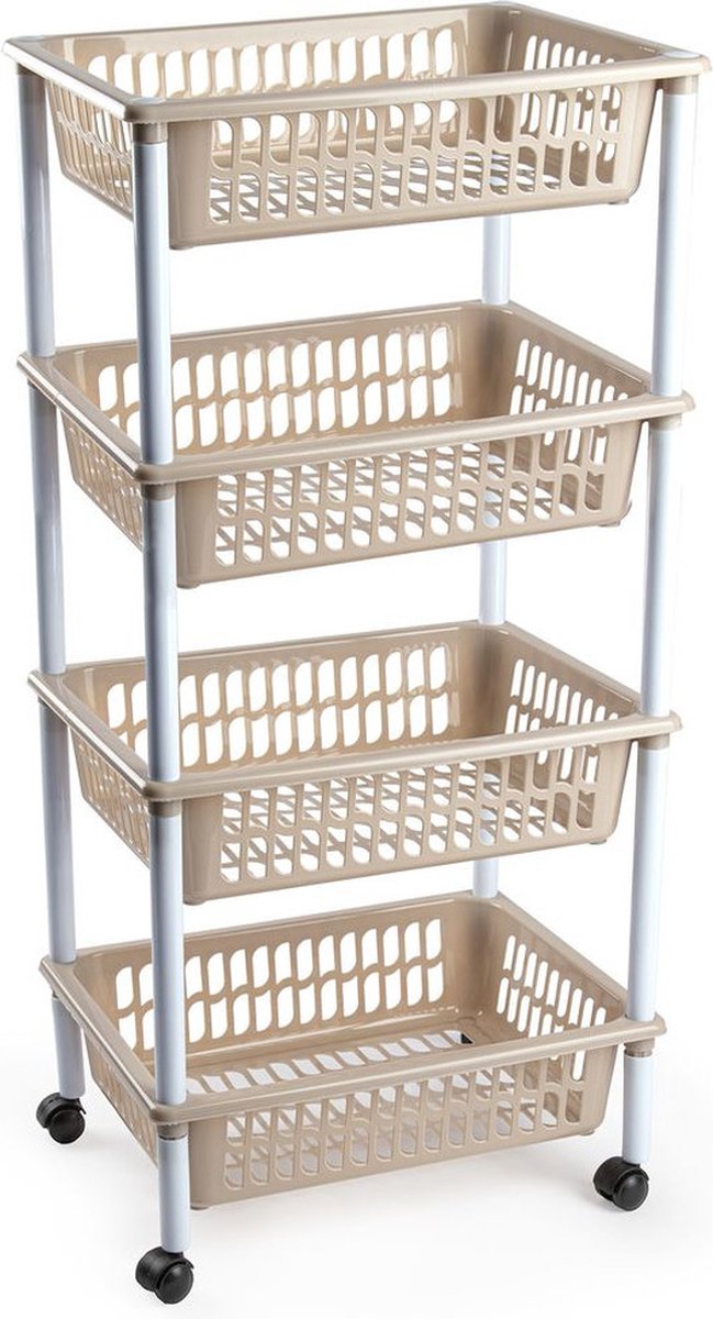 Opberger/organiser trolley/roltafel met 4 manden 85 cm taupe - Etagewagentje/karretje met opbergkratten