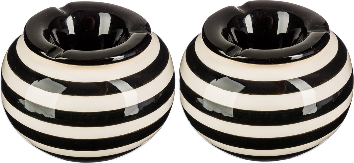Terras asbak/stormasbak - rond - keramiek - 12 x 8 cm - zwart/wit - Buiten asbakken