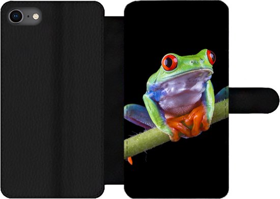 Bookcase pour téléphone iPhone SE 2020 Bookcase - Grenouille - Plante - Zwart - Avec poches - Étui portefeuille avec fermeture magnétique