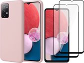 Samsung Galaxy A13 4G Hoesje - Matte Back Cover Microvezel Siliconen Case Hoes Roze - 2x Full Tempered Glass Screenprotector