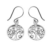 Zilveren oorbellen | Hangers | Zilveren oorhangers, tree of life met hartjes