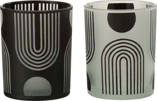 J-Line windlicht Nordic - glas - zwart/wit - medium - 2 stuks