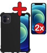 Hoes voor iPhone 12 Hoesje Zwart Siliconen Shockproof Case Met 2x Screenprotector - Hoes voor iPhone 12 Hoes Shock Proof Cover Met 2x Screenprotector - Zwart