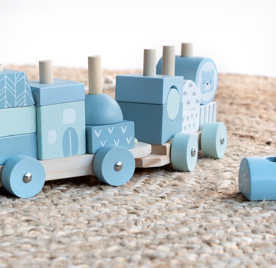 Navaris houten speelgoedtrein voor kinderen - Trein van hout met 20 blokken - Voor jongens en meisjes van 18 maanden en ouder - Blauw - Navaris