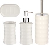 Badkamer accessoires set 4-delig creme wit van keramiek - Toiletborstel - Zeeppompje - Beker - Plateau