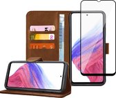 Samsung A53 5G Book Case Hoesje - Samsung A53 5G Screenprotector - Flip Portemonnee Bruinmet Full Cover Gehard Glas