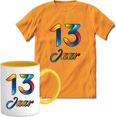 13 Jaar Vrolijke Verjaadag T-shirt met mok giftset Geel | Verjaardag cadeau pakket set | Grappig feest shirt Heren – Dames – Unisex kleding | Koffie en thee mok | Maat XL