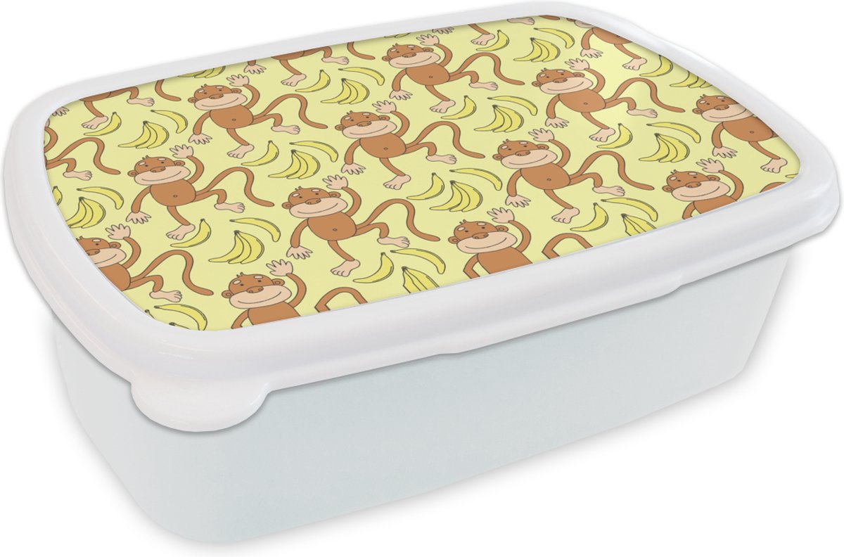 Broodtrommel Wit - Lunchbox - Brooddoos - Patroon - Aap - Banaan - 18x12x6 cm - Volwassenen