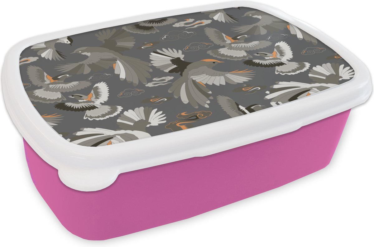 Broodtrommel Roze - Lunchbox - Brooddoos - Vogel - Patroon - Wolken - 18x12x6 cm - Kinderen - Meisje