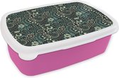 Broodtrommel Roze - Lunchbox - Brooddoos - Bloemen - Blauw - Patroon - 18x12x6 cm - Kinderen - Meisje
