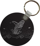 Sleutelhanger - Zwart-wit illustratie van een walvis - Plastic - Rond - Uitdeelcadeautjes