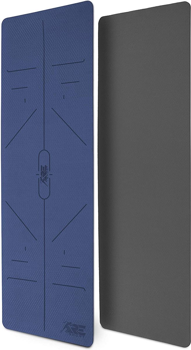 RE:SPORT Yogamat marineblauw/ grijs, trainingsmat, fitnessmat, sportmat met draagriem, 183 x 61 x 0,6 cm