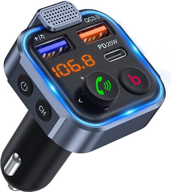 FM Transmitter - Bluetooth FM-zender Auto Handsfree-muziekspeler Bluetooth-compatibele radio-adapter 2 USB + Type C Snel opladen 20 W Ondersteuning