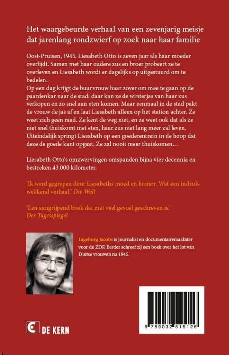 Achterkant van het boek "Zwerfkind" met tekst over Liesabeth Otto en een foto van Ingeborg Jacobs.