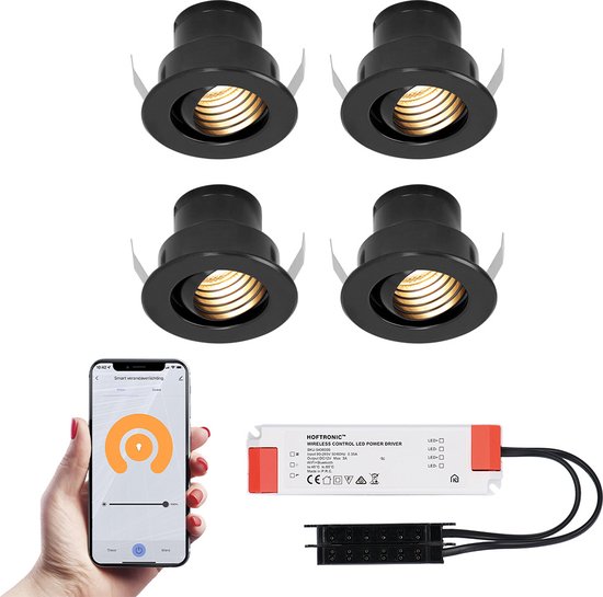 4x Medina zwarte Smart LED Inbouwspots complete set - Wifi & Bluetooth - 12V - 3 Watt - 2700K warm wit