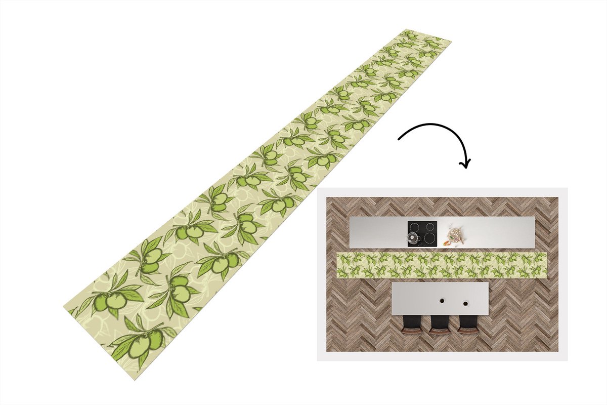 KitchenYeah Keukenloper - Keukenmat - Olijf - Bladeren - Vegan - Design - Vintage - 400x50 cm - Keuken vloerkleed Multicolor