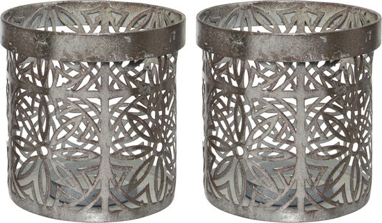 2x stuks theelichthouders/waxinelichthouders ijzer grijs met bloemenpatroon 10 x 10 cm - Windlichtjes/kaarsenhouders