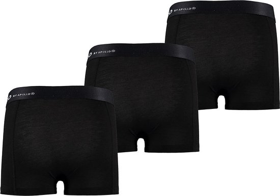 Drie zwarte boxershorts voor heren met een grijze elastische band met 'BY APOLLO' logo.
