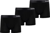 Drie zwarte bamboe boxershorts voor heren met een grijze elastische band met logo.
