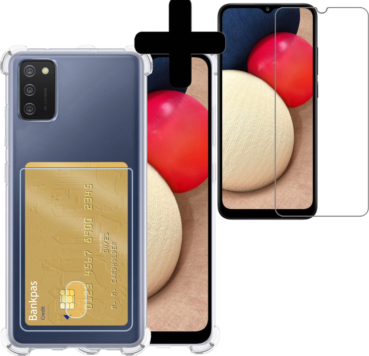 Hoesje - Geschikt voor Samsung Galaxy A03s - Met Screenprotector - En Pashouder - En Kaarthouder - Telefoon Hoes Shockproof - Siliconen Case - Back Cover - Shock Proof - Pasjes Houder - Telefoonhoesjes - Transparant
