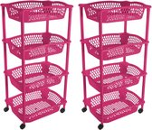2x stuks keuken opberg trolleys/roltafels met 4 manden 86 x 41 cm fuchsia roze- Etagewagentje met opbergkratten