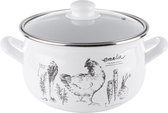 Emalia Gallina boerderij kip versiering geëmailleerde kookpan met glazen deksel 22 cm 5.3 Liter wit / zwart - retro vintage design - emaille - geschikt voor alle warmtebronnen - kl