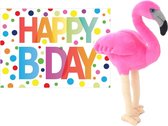 Pluche knuffel flamingo 31 cm met A5-size Happy Birthday wenskaart - Verjaardag cadeau setje - Een knuffel sturen