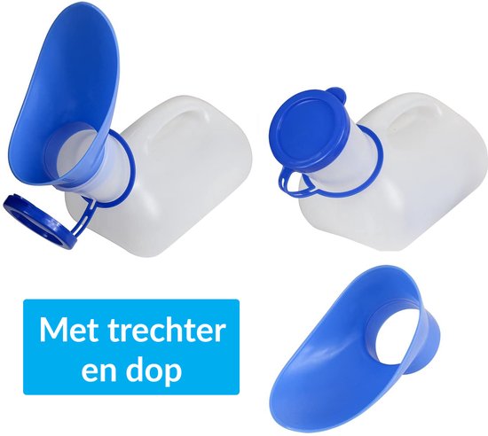 Collage van een witte urinefles met blauwe dop en trechter, met tekst 'Met trechter en dop'.