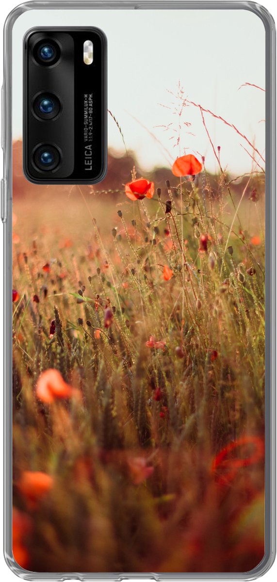 Telefoonhoesje Geschikt voor Huawei P40 hoesje - Zonsondergang - Bloemen - Rood - Siliconen Telefoonhoesje Telefoonhoesje