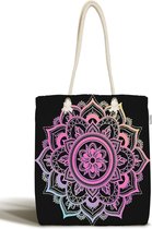 Schoudertas dames met rits - Kleurrijke mandala op zwart - Canvas 45x50 - Strandtas - Shopper tas - Dames tassen - Zomer - Hobby