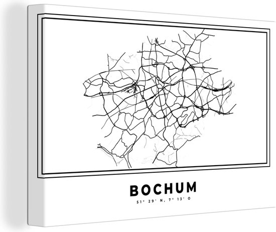 Canvas Schilderij Duitsland – Bochum – Stadskaart – Kaart – Zwart Wit – Plattegrond - 90x60 cm - Wanddecoratie