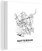 Canvas Schilderij Kaart – Plattegrond – Stadskaart – Rotterdam – Nederland – Zwart Wit - 50x50 cm - Wanddecoratie