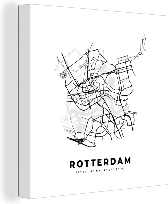 Canvas Schilderij Kaart – Plattegrond – Stadskaart – Rotterdam – Nederland – Zwart Wit - 50x50 cm - Wanddecoratie