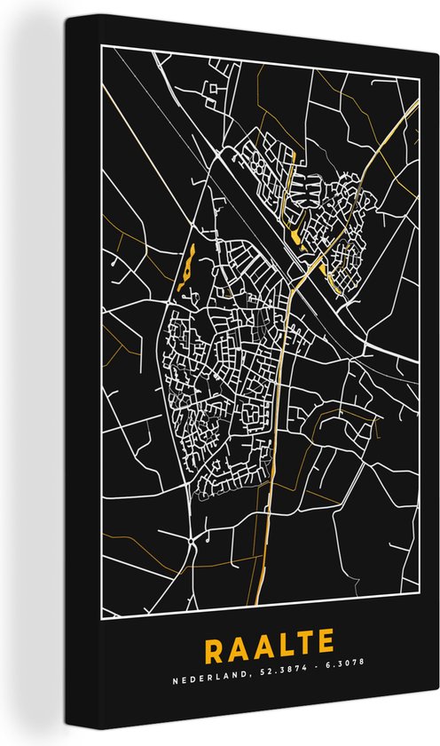 Peinture sur toile Raalte - Black and Gold et Or - Plan de la ville - Plan d'étage - Carte - 20x30 cm - Décoration murale