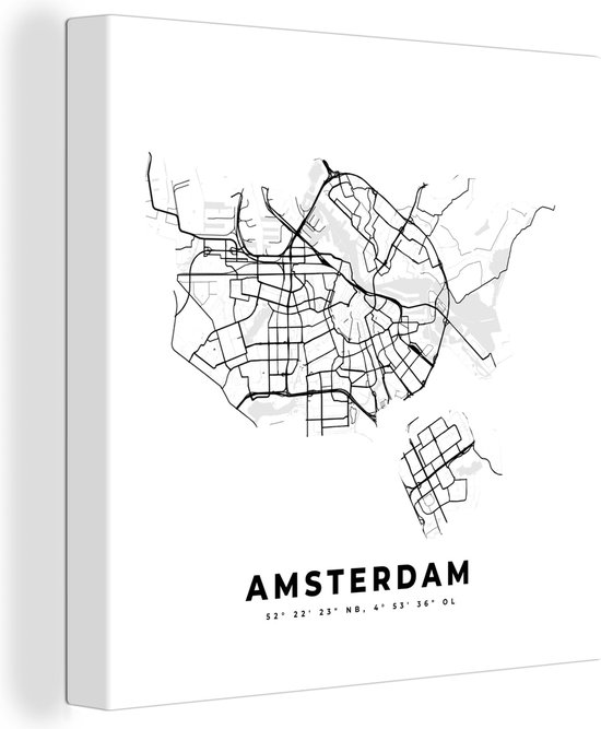 Canvas Schilderij Nederland – Amsterdam – Stadskaart – Kaart – Zwart Wit – Plattegrond - 50x50 cm - Wanddecoratie
