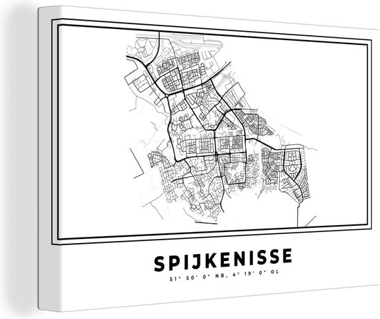 Canvas Schilderij Plattegrond – Spijkenisse – Zwart Wit – Stadskaart - Nederland - Kaart - 120x80 cm - Wanddecoratie
