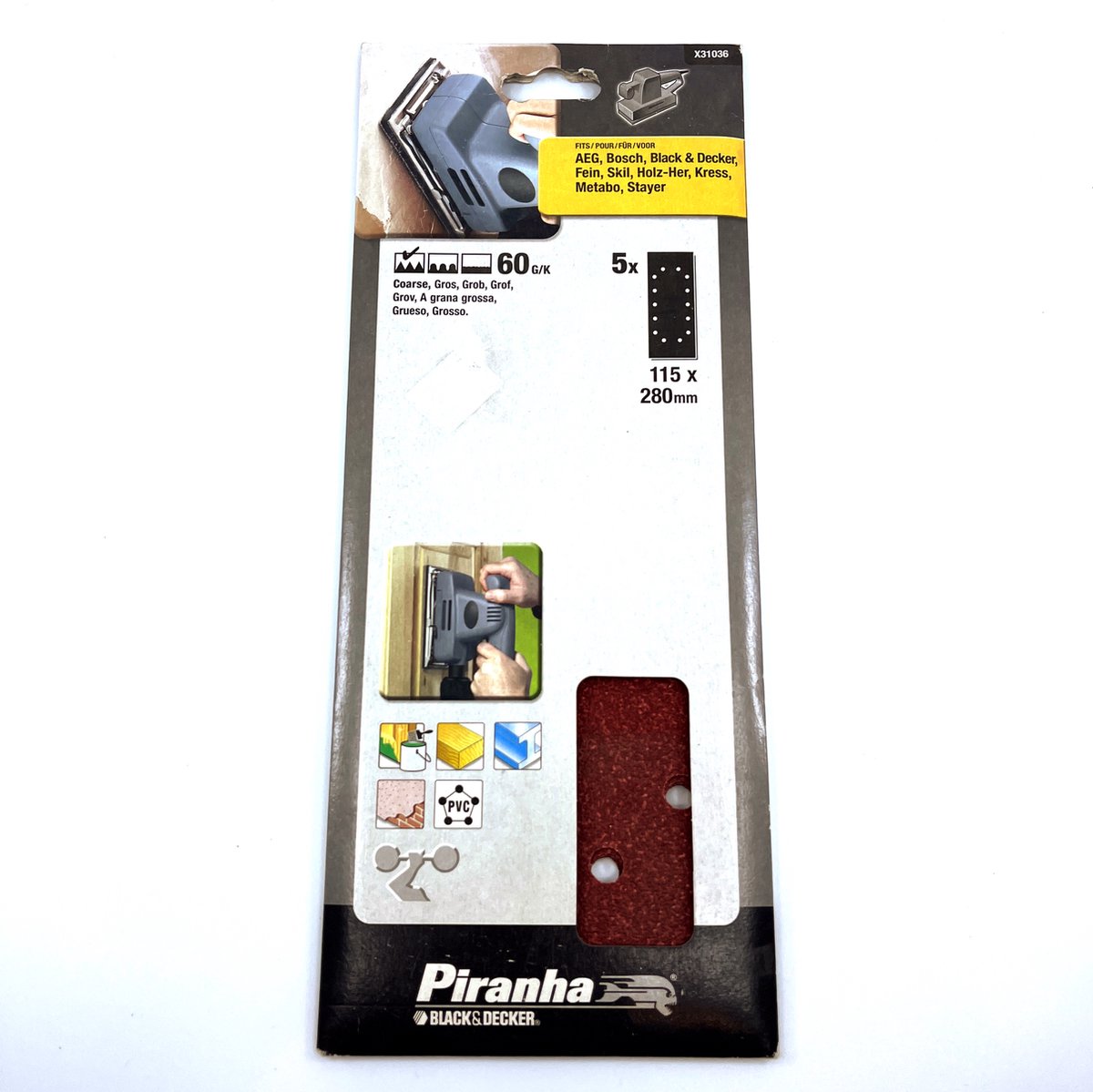 Piranha Schuurstroken voor schuurmachine - 115 x 280 mm- Korrel 60 - Hout, kunststof, metaal - Bosch, B&D, Metabo, Fein - 5 stuks