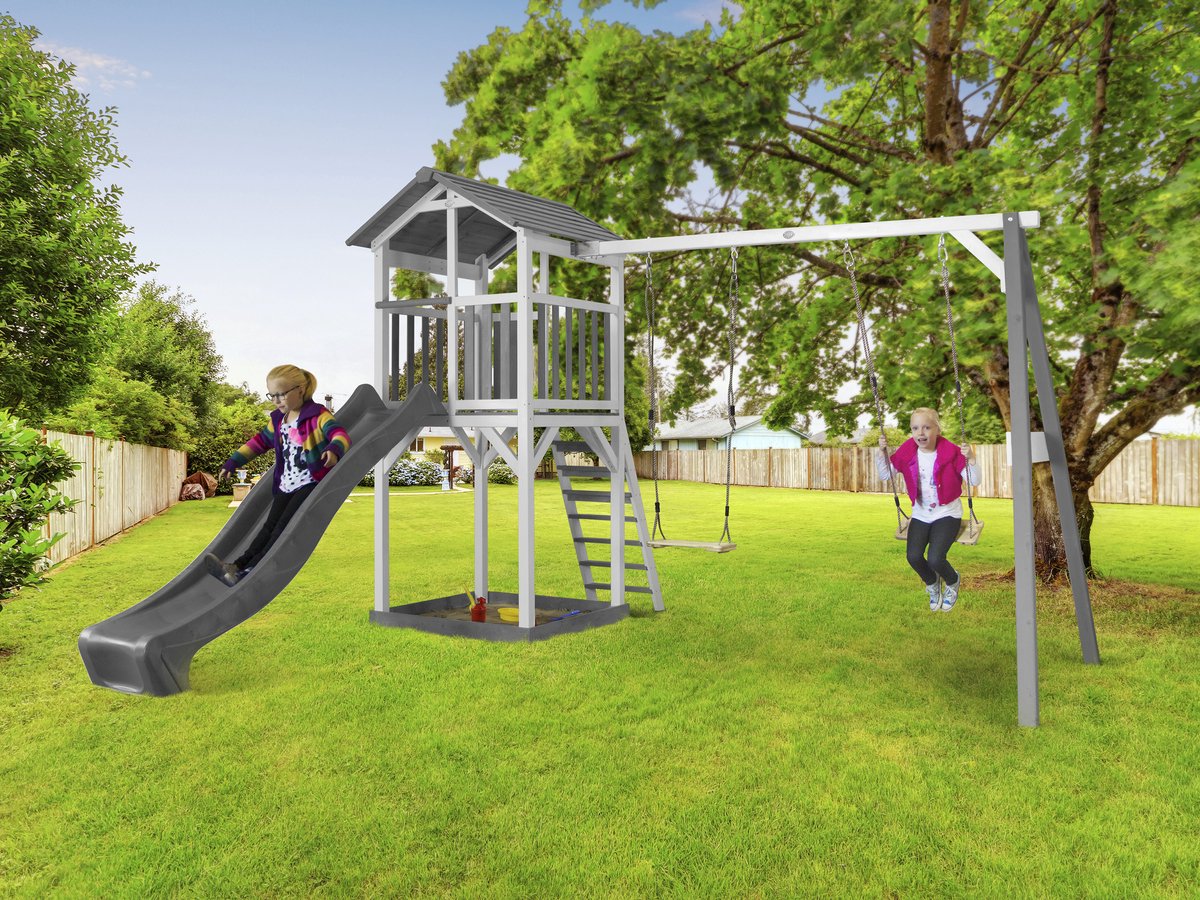 AXI Beach Tower Speeltoestel in Grijs/Wit - Speeltoren met Zandbak, Dubbele Schommel en Grijze Glijbaan - FSC hout - Speelhuis op palen voor de tuin — afbeelding 16