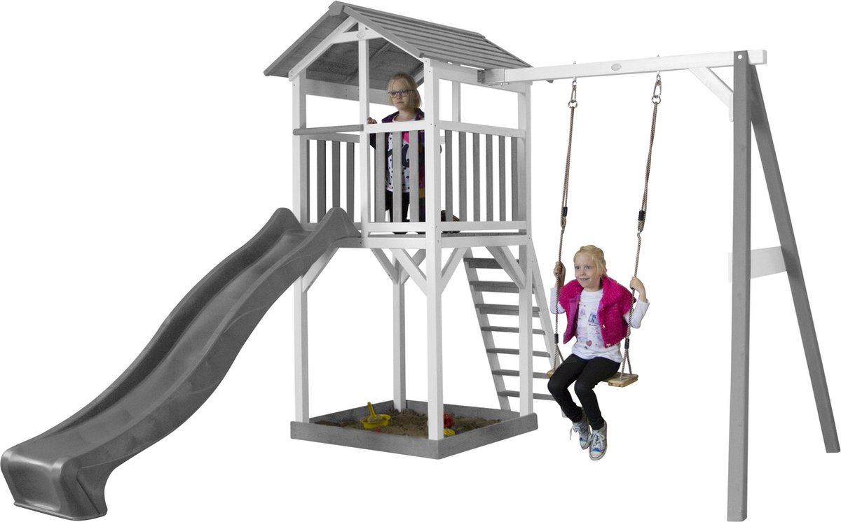 AXI Beach Tower Speeltoestel in Grijs/Wit - Speeltoren met Zandbak, Schommel en Grijze Glijbaan - FSC hout - Speelhuis op palen voor de tuin — afbeelding 10