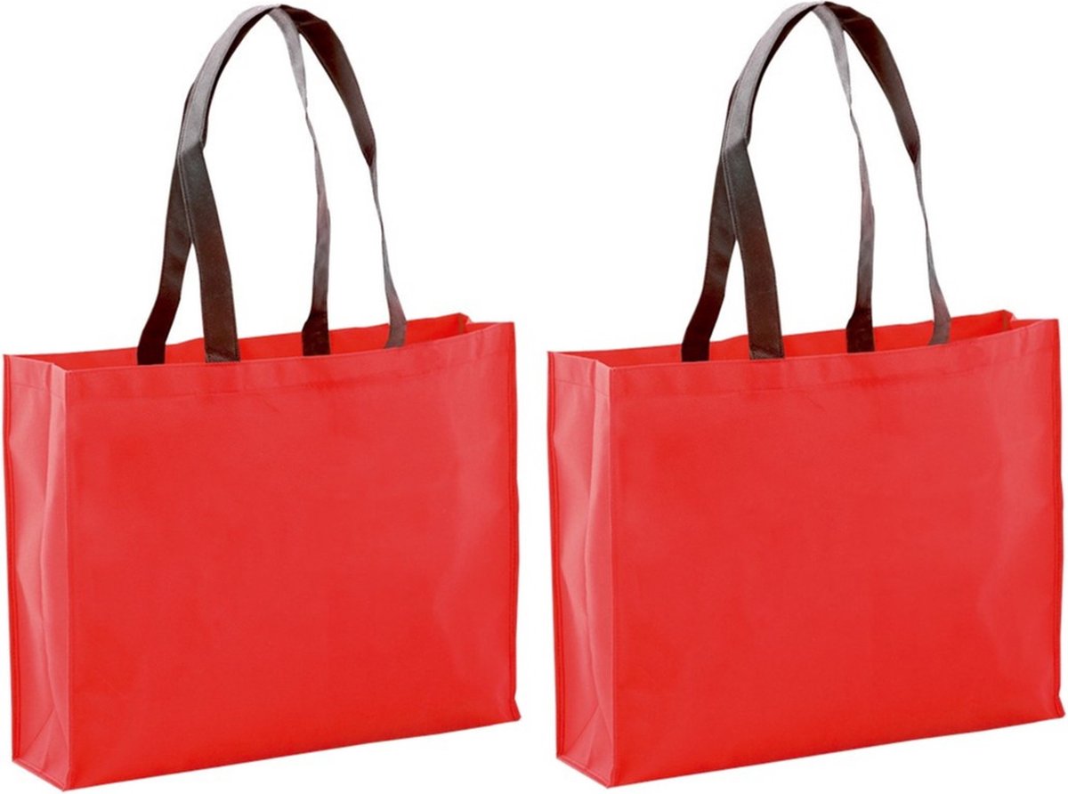 Draagtas / goodie- 2x stuks -bag / schoudertas / boodschappentas - rood - 40 x 32 x 11 cm