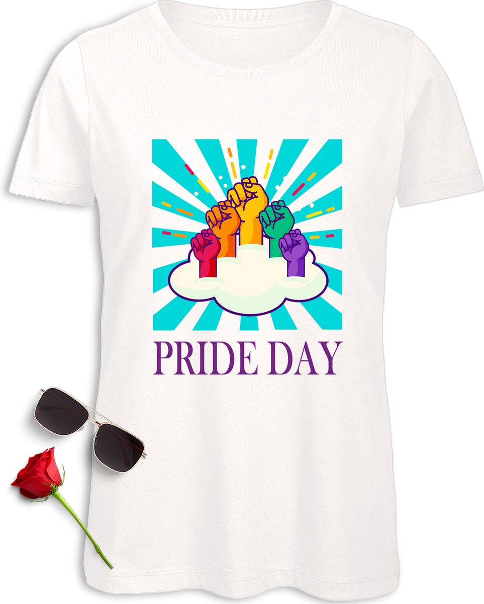 Pride Day vrouwen t-Shirt - Pride Day t Shirt dames - Pride Day Shirt met print opdruk - Maten: S M L XL XXL - tshirt kleuren: wit, zwart, oranje en fuchsia.