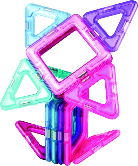 Gestapelde roze, paarse, blauwe en groene Magformers driehoeken en vierkanten.