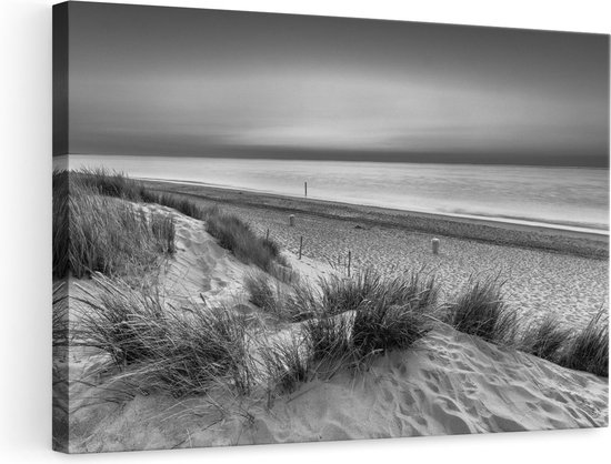 Artaza Canvas Schilderij Strand en Zee vanuit de Duinen - Zwart Wit - 90x60 - Foto Op Canvas - Canvas Print - Muurdecoratie