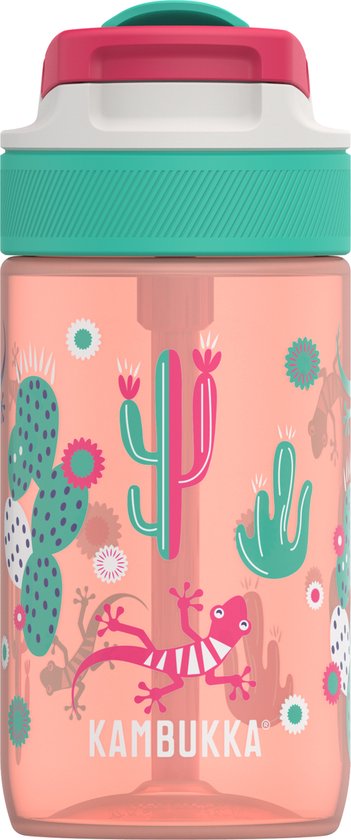 Lagoon waterfles 400ml Cactus Gekko - met geïntegreerd rietje - 100% lekvrij - drinkfles voor kinderen cadeau geven