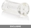Transparante vibrator met ribbeltextuur aan de buitenkant en een getextureerde binnenkant.